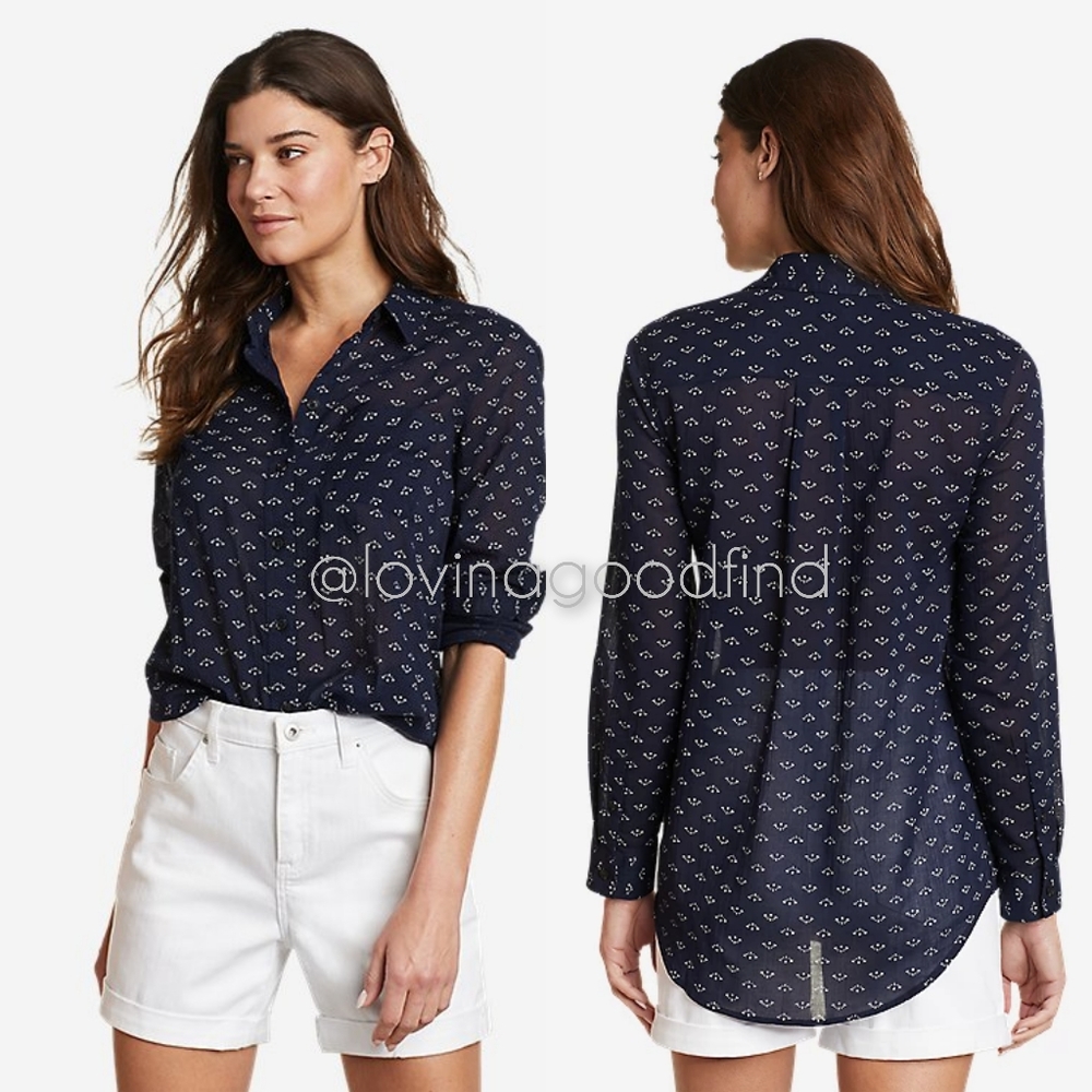 Eddie Bauer Navy Tree Print Classic Fit Long Sleeve Blouse EUC Like New sz 2X